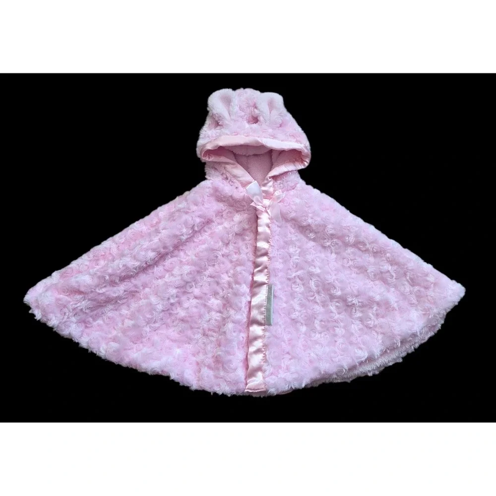 Blankets & Beyond Pink Minky Fur Hooded Ears Shawl Cape Poncho Hooded Satin Trim